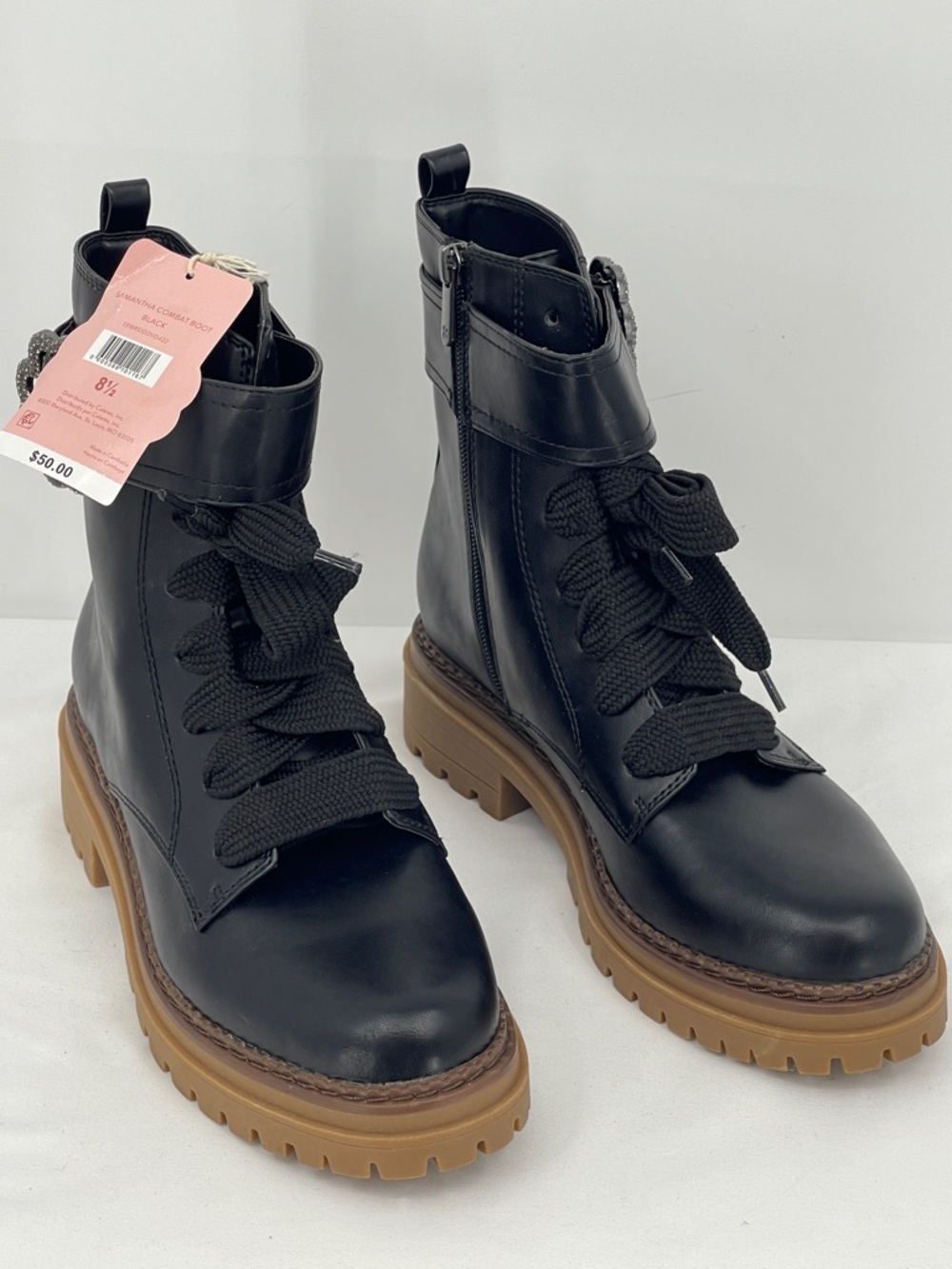 Sam & Libby SAMANTHA Black Combat Boots with Tan Lug Sole WOMENS SIZE 8.5 NWT